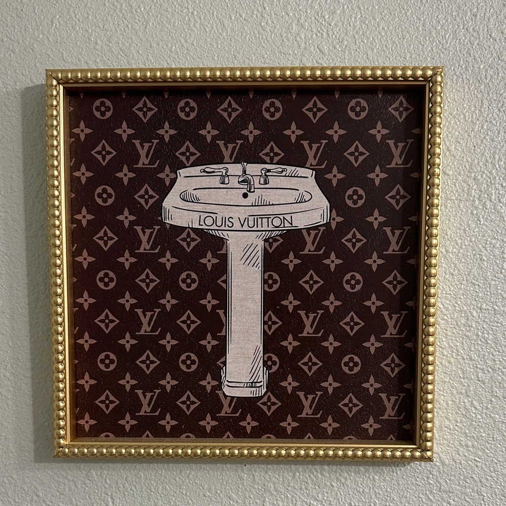 BUNDLE Louis Vuitton & Gucci Brown and Beige Monogram Wall Art with Gold Frame